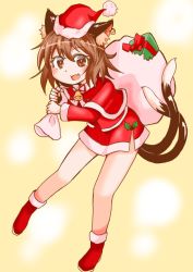 Rule 34 | 1girl, animal ear fluff, animal ears, bag, bell, black tail, boots, box, brown eyes, brown hair, cat ears, cat tail, chen, christmas, earrings, fang, full body, gift, gift bag, gift box, hat, holding, holding bag, holly, jewelry, long sleeves, looking at viewer, multiple tails, open mouth, red footwear, red hat, santa boots, santa costume, santa hat, shiromamekei, single earring, skin fang, smile, solo, standing, tail, torn bag, touhou, two tails, yellow background