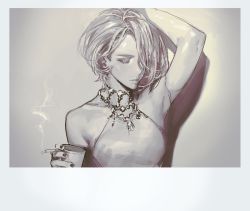 Rule 34 | 1girl, arm up, armpits, bad id, bad pixiv id, cigarette, cup, closed eyes, greyscale, jewelry, monochrome, necklace, original, photo (object), rr (suisse200), short hair, sleeveless, solo