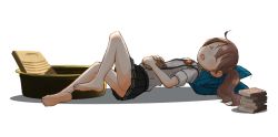 Rule 34 | 10s, 1girl, bad id, bad twitter id, bare legs, barefoot, book, book stack, brown hair, close-up, closed eyes, commentary request, folded clothes, hand on own stomach, kantai collection, kitsuneno denpachi, knee up, magatama, open book, open mouth, pillow, pleated skirt, ryuujou (kancolle), shadow, short sleeves, skirt, sleeping, solo, suspenders, teeth, twintails, washboard, washbowl, white background