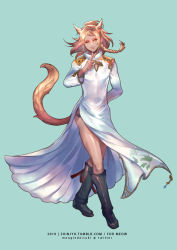 Rule 34 | 1boy, animal ears, black panties, blonde hair, blue background, boots, braid, cat ears, cat tail, china dress, chinese clothes, commission, crossed legs, dark-skinned female, dark-skinned male, dark skin, dress, earrings, eyeshadow, final fantasy, final fantasy xiv, full body, jewelry, long hair, looking at viewer, makeup, male focus, miqo&#039;te, moogie (shinjyu), no pants, one eye closed, panties, short ponytail, side slit, smile, solo, standing, tail, underwear, warrior of light (ff14), yellow eyes
