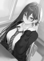 Rule 34 | 1girl, blurry, blurry background, blush, breasts, chair, closed mouth, collared shirt, commentary request, depth of field, desk, diagonal-striped clothes, diagonal-striped necktie, ear piercing, earrings, greyscale, hair between eyes, hamu (plot sy), hand up, highres, indoors, jewelry, long hair, long sleeves, looking away, medium breasts, monochrome, necktie, original, piercing, school chair, school desk, school uniform, shirt, solo, striped clothes, stud earrings, upper body, very long hair, window