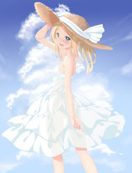 Rule 34 | 1girl, a9b (louis814), absurdres, aleksandra i. pokryshkin, arm up, bare shoulders, blonde hair, blue eyes, blush, brave witches, breasts, cloud, day, dress, from behind, hat, highres, long hair, looking at viewer, looking back, open mouth, outdoors, ponytail, see-through silhouette, sky, sleeveless, sleeveless dress, small breasts, smile, solo, standing, straw hat, sun hat, sundress, tongue, wavy mouth, white dress, world witches series
