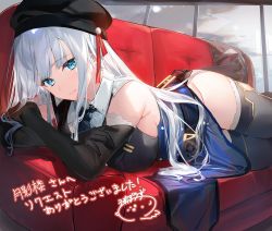 Rule 34 | 1girl, alexandra (suzuame yatsumi), alexandra viktorovna dashkova (tukikagerou), bare shoulders, beret, black gloves, black hat, blue eyes, blush, boots, breasts, collared dress, commission, commissioner upload, dress, elbow gloves, gloves, hat, highres, large breasts, long hair, looking at viewer, lying, military, military uniform, on stomach, original, pelvic curtain, sidelocks, silver hair, skeb commission, sleeveless, sleeveless dress, smile, solo, thigh boots, thighhighs, thighs, umibouzu (niito), uniform