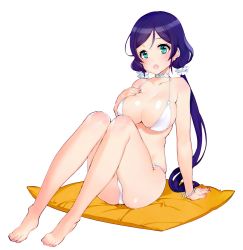 Rule 34 | 10s, 1girl, arm support, bare legs, barefoot, bikini, blush, body blush, bracelet, breasts, choker, cleavage, collarbone, feet, female focus, full body, green eyes, hand on own chest, highres, jewelry, large breasts, leaning back, long hair, looking at viewer, love live!, love live! school idol project, low twintails, ooyari ashito, open mouth, purple hair, scan, simple background, sitting, skindentation, solo, string bikini, sweat, swimsuit, tojo nozomi, twintails, very long hair, white background, white bikini
