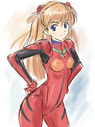 Rule 34 | 1girl, armpits, bad id, bad pixiv id, blue eyes, blush, brown hair, cowboy shot, female focus, from side, gradient background, hands on own hips, latex, legs apart, neon genesis evangelion, plugsuit, satogo, sketch, skin tight, smile, solo, souryuu asuka langley, standing, two side up