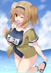 Rule 34 | 10s, 1girl, ;d, beach, breasts, brown eyes, cloud, day, hairband, hidaka0503, highres, i-26 (kancolle), kantai collection, large breasts, light brown hair, long hair, name tag, new school swimsuit, ocean, old school swimsuit, one-piece swimsuit, one eye closed, open clothes, open mouth, outdoors, sailor collar, sandals, school swimsuit, short sleeves, sky, smile, solo, swimsuit, swimsuit under clothes, two-tone hairband, two side up, water