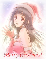 Rule 34 | 10s, 1girl, black hair, bluez, chitanda eru, christmas, dress, elbow gloves, gloves, hat, hyouka, long hair, looking at viewer, open mouth, purple eyes, red gloves, santa hat, smile, solo, strapless, strapless dress, waving