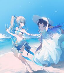 Rule 34 | 2girls, :d, ^ ^, alternate costume, animal, avioletfoxy, barefoot, beach, bird, blue flower, blue hair, blue skirt, blue sky, blue theme, breasts, bronya zaychik, bronya zaychik (herrscher of truth), closed eyes, cloud, commentary, couple, dress, drill hair, english commentary, flower, food, grey hair, hair between eyes, hair flower, hair ornament, hand on headwear, high ponytail, highres, holding, holding food, holding hands, holding popsicle, honkai (series), honkai impact 3rd, multicolored hair, multiple girls, ocean, open mouth, outdoors, ponytail, popsicle, sand, seele vollerei, seele vollerei (herrscher of rebirth), single drill, skirt, sky, sleeveless, small breasts, smile, standing, starfish, streaked hair, thigh strap, white dress, yuri
