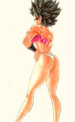 Rule 34 | 10s, 1girl, absurdres, ass, back, bare shoulders, black eyes, black hair, caulifla, dragon ball, dragon ball super, female focus, highres, hip focus, legs, looking at viewer, looking back, muscular, muscular female, panties, saiyan, smirk, solo, spiked hair, strapless, thick thighs, thighs, tube top, underwear, wristband