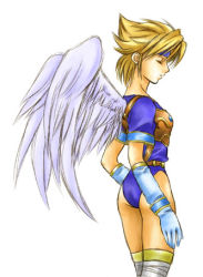 Rule 34 | 1girl, alternate costume, angel wings, armor, ass, blonde hair, breasts, breath of fire, breath of fire i, capcom, flat ass, gloves, leotard, lowres, medium breasts, nina (breath of fire i), short hair, solo, white wings, wings