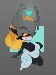Rule 34 | 1girl, alternate breast size, arm support, belly, big belly, blush, body markings, breasts, breasts apart, colored sclera, curvy, demon girl, grey background, heart, helmet, highres, huffslove, huge breasts, kneeling, large areolae, large nipples, long ears, looking down, midna, nintendo, nipples, nude, one eye covered, orange hair, outie navel, pointy ears, ponytail, pregnant, red eyes, shortstack, simple background, smile, the legend of zelda, the legend of zelda: twilight princess, thick thighs, thighs, wide hips, yellow sclera