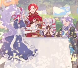Rule 34 | 2boys, 2girls, apron, arthur (fire emblem: genealogy of the holy war), azelle (fire emblem), bare shoulders, black gloves, blue dress, cake, cape, chair, commentary request, cup, dress, fingerless gloves, fire emblem, fire emblem: genealogy of the holy war, fire emblem heroes, food, gloves, highres, holding, holding tray, interlocked fingers, long hair, maid apron, maid headdress, multiple boys, multiple girls, nintendo, official alternate costume, open mouth, outdoors, own hands together, ponytail, purple eyes, purple hair, red eyes, red hair, sasaki (dkenpisss), short hair, sitting, table, tailtiu (fire emblem), tailtiu (tea party) (fire emblem), teacup, teapot, tiered tray, tine (fire emblem), tray, tree, twintails, white apron, white headdress