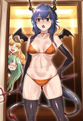 2girls, animal ears, arknights, bangs, bare shoulders, bikini, black gloves, black headwear, blonde hair, blue eyes, blue hair, blush, breasts, ch&#039;en (arknights), choker, collarbone, commentary request, cowboy shot, dragon horns, dragon tail, elbow gloves, eyebrows visible through hair, fake wings, gloves, green eyes, green hair, hair between eyes, halloween, highres, holding, holding weapon, horns, hoshiguma (arknights), indoors, large breasts, long hair, moto toshi, multiple girls, navel, orange bikini, polearm, single horn, standing, stitches, stomach, swimsuit, swire (arknights), tail, thighhighs, thighs, tiger ears, trident, weapon, wings