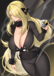 Rule 34 | 1girl, absurdres, anima (togashi), black nails, black pants, black shirt, blonde hair, breasts, cleavage, closed mouth, creatures (company), curvy, cynthia (pokemon), eyelashes, floating hair, fur-trimmed sleeves, fur collar, fur trim, game freak, grey eyes, hair ornament, hair over one eye, hand up, highres, holding, holding poke ball, huge breasts, lips, long hair, long sleeves, looking to the side, mixed-language commentary, nail polish, nintendo, pants, poke ball, pokemon, pokemon dppt, shirt, smoke, solo, standing, thighs, ultra ball, very long hair