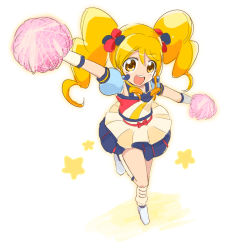Rule 34 | 10s, 1girl, :d, alternate form, bad id, bad pixiv id, blonde hair, boots, bow, brooch, cure honey, cure honey (popcorn cheer), dj-yu, earrings, from above, full body, happinesscharge precure!, heart, heart brooch, jewelry, knee boots, long hair, magical girl, multicolored clothes, multicolored skirt, oomori yuuko, open mouth, pom pom (cheerleading), precure, skirt, smile, solo, star (symbol), twintails, waist bow, white background, yellow eyes