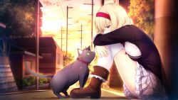 Rule 34 | 1girl, black cat, blonde hair, boots, breast press, building, cat, cloud, hair ribbon, highres, lucia of end, nora to oujo to noraneko heart 2, oozora itsuki, ribbon, school uniform, short hair, sitting, skirt, sky, sunset, thighhighs, tree, white thighhighs