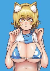 Rule 34 | 1girl, absurdres, animal ear fluff, animal ears, bikini, blonde hair, blue background, blue bikini, blush, breasts squeezed together, breasts, chanta (ayatakaoisii), clothes lift, fox ears, highres, huge breasts, lifting own clothes, looking at viewer, micro bikini, navel, nose blush, parted lips, shirt, shirt lift, short hair, simple background, slit pupils, solo, swimsuit, touhou, upper body, white shirt, yakumo ran, yellow eyes