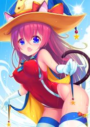 Rule 34 | 1girl, animal ears, blue eyes, blue sky, blue theme, blue thighhighs, blush, cape, cat ears, cat tail, competition swimsuit, covered navel, day, ears through headwear, elbow gloves, gloves, hat, highres, leaning forward, long hair, one-piece swimsuit, open mouth, original, outdoors, red hair, sky, solo, sun, swimsuit, tail, thighhighs, white gloves, witch hat, yoshiheihe