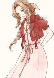 Rule 34 | 1girl, aerith gainsborough, ancotsubu, arm behind back, artist name, braid, braided ponytail, brown hair, choker, cowboy shot, cropped jacket, dress, final fantasy, final fantasy vii, final fantasy vii remake, flat chest, flower choker, green eyes, hair ribbon, highres, jacket, long dress, long hair, looking at viewer, open mouth, parted bangs, pink dress, pink ribbon, red jacket, ribbon, short sleeves, sidelocks, smile, solo, square enix, twitter username, wavy hair
