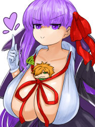 Rule 34 | 1boy, 1girl, bb (fate), between breasts, black skirt, bow, breasts, chibi, chibi inset, cleavage, collarbone, collared coat, collared shirt, fate/extra, fate/grand order, fate (series), gloves, green eyes, heart, highres, huge breasts, long hair, one eye covered, orange hair, person between breasts, purple eyes, purple hair, red bow, red ribbon, ribbon, robin hood (fate), shiny skin, shirt, skindentation, skirt, steamingtofu, unbuttoned, unbuttoned shirt, underboob, v, very long hair, wavy mouth, white background, white gloves, white shirt