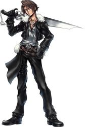 Rule 34 | 1990s (style), 1boy, belt, black gloves, black jacket, black pants, blue eyes, boots, brown hair, dissidia final fantasy, final fantasy, final fantasy viii, full body, fur trim, gloves, gunblade, jacket, jewelry, male focus, necklace, pants, scar, shirt, solo, squall leonhart, standing, transparent background, weapon, white background, white shirt