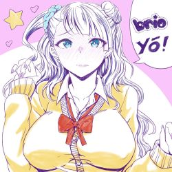 Rule 34 | 10s, 1girl, asymmetrical hair, blue eyes, blush, bow, bowtie, breasts, cardigan, cleavage, covered erect nipples, earrings, embarrassed, facing viewer, female focus, full-face blush, galko, hair bun, heart, jewelry, large breasts, limited palette, long hair, looking at viewer, loose bowtie, loose neckwear, nail polish, one side up, oshiete! galko-chan, purple nails, puyocha, red neckwear, school uniform, scrunchie, side bun, single side bun, solo, speech bubble, star (symbol), stud earrings, translation request, upper body