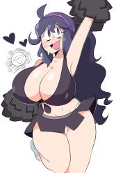 Rule 34 | 1girl, alternate hairstyle, blush, breasts, cheerleader, creatures (company), curvy, game freak, hairband, hex maniac (pokemon), highres, huge breasts, jinu (jinusenpai), large breasts, long hair, nintendo, npc trainer, open mouth, panties, pokemon, pokemon xy, pom pom (cheerleading), purple eyes, purple hair, smile, solo, sweat, tagme, thick thighs, thighs, underwear