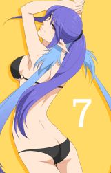 Rule 34 | 00s, 1girl, armpits, arms up, back, bad proportions, bikini, blue hair, breasts, butt crack, celestial s, countdown, judith (tales), long hair, looking back, o-ring, o-ring top, official alternate costume, pii (celestial songs), pointy ears, ponytail, purple hair, red eyes, sideboob, smile, solo, swimsuit, tales of (series), tales of vesperia, twintails, underboob, yellow background