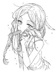 Rule 34 | 1girl, after bathing, baburo, bad id, bad pixiv id, bare arms, bare shoulders, braid, camisole, food, food in mouth, greyscale, hair flaps, highres, konami kirie, long hair, looking at viewer, messy hair, monochrome, mouth hold, popsicle, simple background, sleeveless, solo, twin braids, twintails, upper body, water, wet, wet hair, world trigger