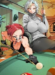 Rule 34 | 2girls, ball, bare shoulders, bent over, billiard ball, billiards, black gloves, black pants, black tank top, blue eyes, breasts, ceiling fan, cleavage, clenched teeth, closed mouth, colored eyelashes, commentary, cross-eyed, cue stick, curvy, dart, dartboard, earrings, english commentary, eyeshadow, glasses, gloves, green eyes, grey eyes, grey sweater, heterochromia, holding cue stick, hoop earrings, impossible clothes, indoors, jewelry, kafun, large breasts, leaning forward, low tied hair, makeup, mouth hold, multiple girls, narrowed eyes, on table, original, pants, parted bangs, pencil, perspective, playing games, ponytail, pool table, red hair, round eyewear, short hair, silver hair, sitting, smile, sweater, table, tank top, teeth, toned, tsurime, turtleneck, turtleneck sweater, wooden wall