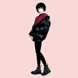 Rule 34 | 1girl, amagami, black eyes, black footwear, black hair, black jacket, black pants, bob cut, closed mouth, full body, highres, jacket, long sleeves, looking at viewer, nanasaki ai, open clothes, open jacket, oshizu, pants, pink background, red sweater, shoes, short hair, simple background, solo, standing, sweater, winter clothes