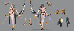 Rule 34 | 1girl, absurdres, archery, arrow (projectile), ass, bad id, bad pixiv id, bodysuit, breasts, dress, glasses, grey background, high heels, highres, long hair, mecha musume, multiple views, original, science fiction, simple background, skirt, weapon, white legwear, zhuore zhi hen