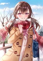 Rule 34 | 1girl, brown hair, coat, highres, long sleeves, original, outdoors, sakura hiyori, smile, solo, twintails, winter clothes