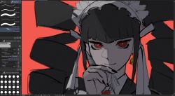 Rule 34 | 1girl, black hair, black nails, blunt bangs, bonnet, celestia ludenberg, collared shirt, commentary, danganronpa: trigger happy havoc, danganronpa (series), drill hair, frills, gothic lolita, hand up, highres, jacket, lolita fashion, long hair, looking at viewer, nail polish, necktie, pastahands, red background, red eyes, red necktie, shirt, smile, solo, twin drills, twintails