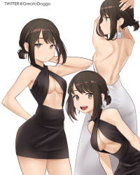 Rule 34 | 1girl, arm behind head, backless dress, backless outfit, bare shoulders, black dress, breasts, brown eyes, brown hair, center opening, contrapposto, criss-cross halter, douki-chan (douki-chan), dress, earrings, ganbare douki-chan, gown, greatodoggo, halter dress, halterneck, highres, jewelry, long dress, looking at viewer, medium breasts, multiple views, no bra, open mouth, short dress, short hair, short ponytail, sideboob, sidelocks, simple background, smile, twitter username, white background, white dress