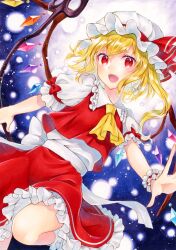 Rule 34 | 1girl, alto2019, ascot, blonde hair, crystal wings, flandre scarlet, frilled skirt, frills, hat, hat ribbon, highres, marker (medium), mob cap, puffy short sleeves, puffy sleeves, red eyes, red ribbon, red skirt, red vest, ribbon, shirt, short sleeves, skirt, skirt set, solo, touhou, traditional media, vest, white hat, white shirt, yellow ascot