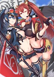 Rule 34 | 2girls, alternate costume, alternate hairstyle, artist logo, asymmetrical docking, bikini, bikini under clothes, black choker, blue eyes, blue hair, blue sky, brand of the exalt, breast press, breasts, choker, cleavage, clothes writing, cloud, commission, cropped jacket, english text, fingerless gloves, fire emblem, fire emblem awakening, flag, full body, gloves, hair between eyes, hat, high heels, highleg, highleg bikini, highres, holding, holding flag, jacket, long hair, looking at viewer, lucina (fire emblem), medium breasts, midriff, miniskirt, multiple girls, navel, nintendo, one eye closed, open mouth, outdoors, ponytail, race queen, racetrack, red eyes, red hair, revolverwing, severa (fire emblem), skirt, sky, small breasts, smile, sunglasses, swimsuit, thighhighs, twintails