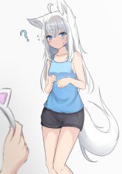 Rule 34 | 1girl, 1other, absurdres, ahoge, animal ear fluff, animal ears, bandaid, bandaid on cheek, bandaid on face, bare arms, bare shoulders, black shorts, blue tank top, blush, breasts, cat ears, closed mouth, collarbone, commentary request, fake animal ears, feet out of frame, flying sweatdrops, fox ears, fox girl, fox tail, grey background, grey hair, hair between eyes, hairband, highres, holding, kuronagi (mitora uwu), original, short shorts, shorts, simple background, small breasts, solo focus, standing, tail, tank top, white hairband