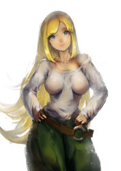 Rule 34 | 1girl, belt, blonde hair, blue eyes, breasts, breasts apart, contrapposto, cowboy shot, female focus, gundam, gundam tekketsu no orphans, hands on own hips, highres, hip focus, kudelia aina bernstein, large breasts, long hair, off shoulder, parted lips, see-through, simple background, sky of morika, solo, standing, strap slip, thighs, very long hair, wet, wet clothes, white background