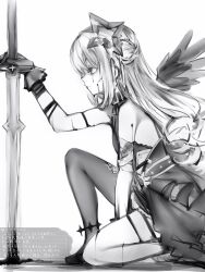 Rule 34 | 1girl, absurdres, amane kanata, amane kanata (another world), angel wings, arm strap, blood, blood on face, empty eyes, expressionless, feathered wings, from side, gloves, greyscale, halo, highres, hololive, injury, long hair, monochrome, nanashi (nlo), on one knee, planted, planted sword, planted weapon, single thighhigh, skindentation, solo, star halo, sword, thigh strap, thighhighs, translation request, virtual youtuber, weapon, wings
