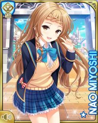 Rule 34 | 1girl, :d, amusement park, blazer, blue bow, blue jacket, blue skirt, bow, braid, brown eyes, brown hair, card, character name, day, girlfriend (kari), jacket, long hair, miyoshi nao, official art, open mouth, outdoors, plaid, plaid skirt, qp:flapper, school, shirt, skirt, smile, solo, standing, sweater vest, tagme, white shirt, yellow sweater vest