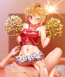 Rule 34 | 1boy, 1girl, ahoge, bare shoulders, blonde hair, blue panties, blush, breasts, censored, cheerleader, closed mouth, clothed female nude male, clothed sex, collarbone, cowgirl position, crop top, girl on top, hair between eyes, hair flaps, hetero, highres, ibuki tsubasa, idolmaster, idolmaster million live!, kilesha, licking lips, looking at viewer, midriff, mosaic censoring, navel, nude, on bed, panties, panties around leg, penis, pink eyes, pleated skirt, pom pom (cheerleading), pussy, red shirt, sex, shirt, short hair, skirt, small breasts, smile, solo focus, sparkle, straddling, sweat, thighs, tongue, tongue out, underwear, vaginal, white skirt