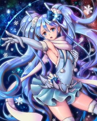 Rule 34 | 1girl, armpits, blue eyes, blue hair, breasts, elbow gloves, gloves, hand on own chest, hatsune miku, long hair, matching hair/eyes, open mouth, outstretched arm, scarf, sideboob, skirt, snowflakes, solo, thighhighs, twintails, very long hair, vocaloid, yuki miku, yumiyokiak