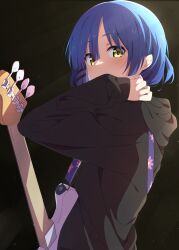 Rule 34 | 1girl, absurdres, bass guitar, black hoodie, blue hair, blush, bocchi the rock!, fender precision bass, from behind, hand up, highres, hood, hood down, hoodie, instrument, long sleeves, looking at viewer, looking back, mole, mole under eye, reikakrzk, short hair, solo, upper body, yamada ryo, yellow eyes