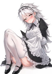 Rule 34 | absurdres, alternate costume, ass, bad id, bad pixiv id, enmaided, garter belt, gepard m1 (contracted today) (girls&#039; frontline), gepard m1 (girls&#039; frontline), girls&#039; frontline, highres, maid, official alternate costume, simple background, solo, thighhighs, white background, white thighhighs