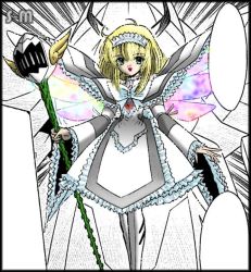 Rule 34 | 1girl, blonde hair, digimon, dress, green eyes, mikihara norn, smile, solo, staff, wings, yggdrasill (digimon), yggdrasill 7d6