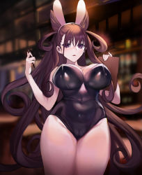 Rule 34 | 1girl, animal ears, breasts, brown hair, cameltoe, cone hair bun, curvy, fake animal ears, fate/grand order, fate (series), fengyin shici guozi, hair bun, highres, large breasts, leotard, long hair, looking at viewer, murasaki shikibu (fate), parted lips, playboy bunny, purple eyes, rabbit ears, shiny clothes, solo, thick thighs, thighs, very long hair