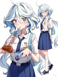 Rule 34 | 1girl, absurdres, backpack, bag, blue bag, blue eyes, blue hair, blue necktie, blue skirt, cellphone, commentary, drinking, drinking straw, drinking straw in mouth, furina (genshin impact), genshin impact, highres, multiple views, necktie, phone, school uniform, shirt, skirt, smartphone, sweat, symbol-only commentary, white background, white shirt, yaruwashi