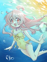 Rule 34 | 1girl, :d, ahoge, air bubble, bare arms, bare legs, bare shoulders, barefoot, breasts, brown eyes, bubble, choker, collarbone, commentary, foot out of frame, frilled one-piece swimsuit, frills, hair between eyes, highres, long hair, looking at viewer, nemu0701, one-piece swimsuit, onii-chan wa oshimai!, open mouth, oyama mahiro, pink choker, pink hair, small breasts, smile, solo, swimsuit, underwater, yellow one-piece swimsuit