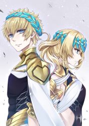 Rule 34 | 1boy, 1girl, absurdres, blonde hair, blue eyes, breasts, castor (fate), commentary request, fate/grand order, fate (series), from side, gradient background, grey background, gu li, hair between eyes, hair ornament, highres, long hair, long sleeves, medium breasts, pollux (fate), short hair, smile, upper body
